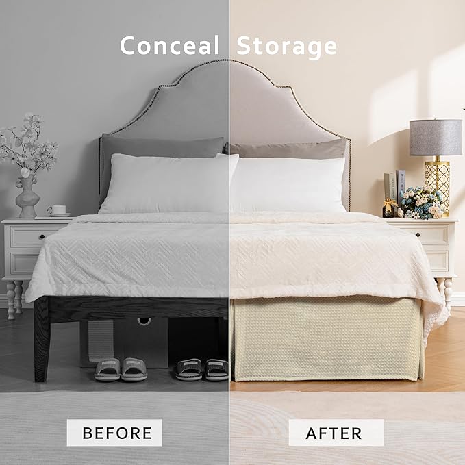 MIYE Pleated Waffle Weave Bed Skirt, Tailored Dust Ruffle 16 Inch Drop Easy Fit, Machine Washable,No Split Corners(Light Beige, Cal King - 16" Drop)