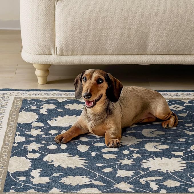 EVERGRACE Area Rugs for Living Room 6x9, Boho Floral Faux Wool Indoor Outdoor Rugs, Washable Rugs for Bedroom Dining Room Entryway Kitchen, Low Pile Floor Mat Carpet for Home Decor, Navy Blue