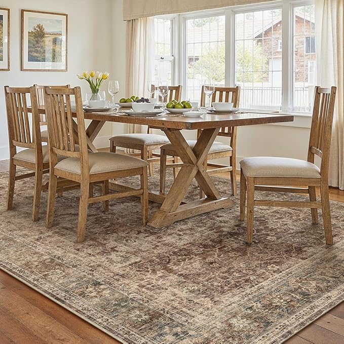 9x12 Rust Vintage Area Rug for Living Room Bedroom Distressed Rustic Large Carpet Non-Slip Low Pile Lightweight Vacuumable Soft Washable Throw Rug for Indoor Dining Room