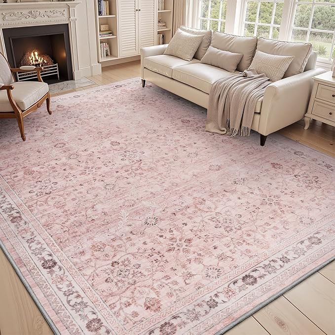 MontVoo-Vintage Area Rug 5X7 Pink Rugs for Living Room-Soft Distressed Printed Rugs for Bedroom-Non Slip Carpet-Machine Washable Rug for Dining Room Living Room Bedside Office