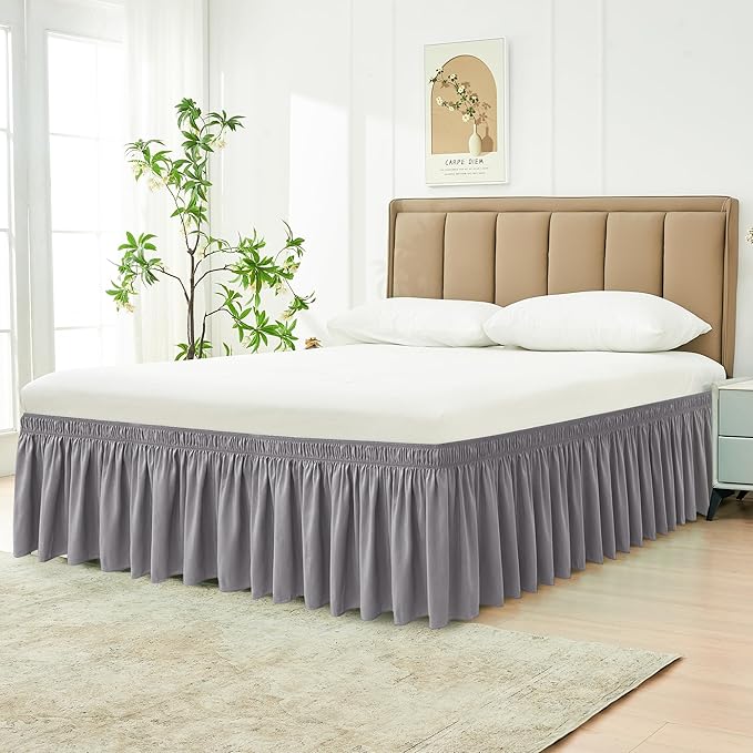 Biscaynebay Wrap Around Bed Skirts for Full & Full XL Beds 22" Long Drop, Silver Grey Adjustable Elastic Dust Ruffles Easy Fit Wrinkle Resistant Silky Luxurious Fabric Machine Washable