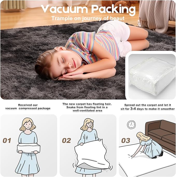 3x5 Rugs for Bedroom, Fluffy Small Area Rugs for Living Room, Soft Shag Fuzzy Carpet with 4 Non-Slip Stickers for Kids Boys and Girls Nursery Dorm Home Decor (Tie-Dyed Black Grey, 3ft x 5ft)