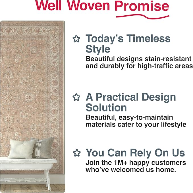 Well Woven Asha Rome Beige Cream 5'3" x 7'3" Area Rug - Oriental Floral Pattern, Easy Clean, Floor-Friendly Backing - for Living Room, Bedroom, and Dining Room