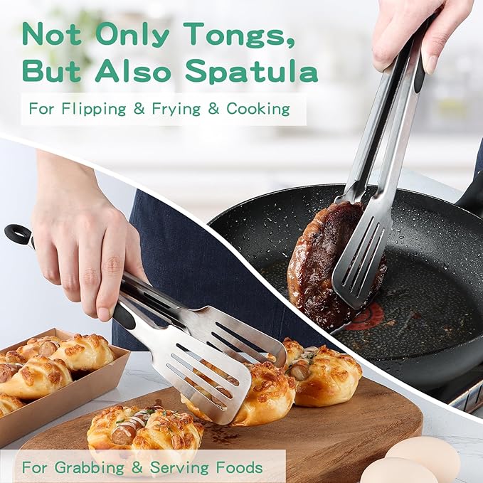 Lebabo Tongs for Cooking, Set of 2 Metal Spatula Tongs for Grilling, Black