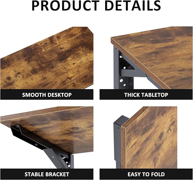 Need Wall Mounted Desk - Heavy Duty Folding Work Table Length 36" Width 20"/Small Space Hanging Desk Perfect Addition to Home/Office/Kitchen & Dining Room Rustic Brown AC15-9050FG-ND