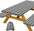 Picnic Table Cover with Bench Covers and Bag, Camping Essentials, Buffalo Plaid Waterproof and Windproof, Fitted Tablecloth Cover with Elastic Edge, for Outdoor, 3 PCS, (Black & White, 30"x60")