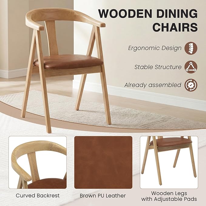 HNY Wooden Folding Chair with Cushion Set of 2, PU Leather Foldable Dining Chairs Folding Event Chair, Portable Space-Saving Accent Chair for Kitchen Dining Living Room Small Spaces, Brown