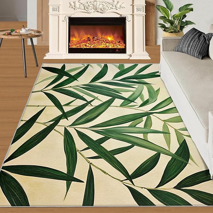 5x7 Bamboo Leaves Rugs for Bedroom - Realistic Botanical Art Print Rug, Minimalist Leaves Rug Non Slip Soft Rugs for Living Room Hardwood Floors Teen Room