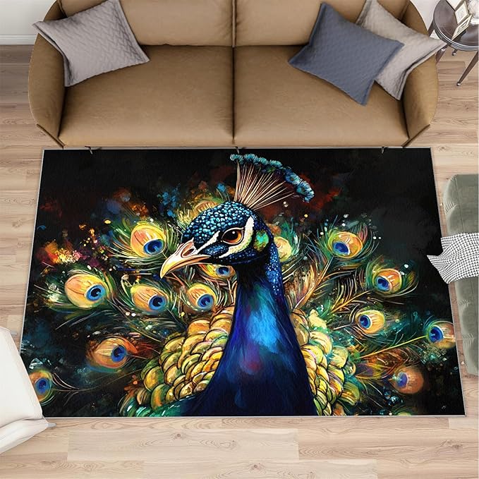Peacock Rugs for Bedroom - 5x8 Area Rug - 3D Peacock Rugs for Living Room, Abstract Watercolor Animal Rug, Non-Slip Washable Home Decor Carpet