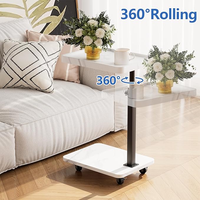 Adjustable Tv Trays for Eating on Couch That Slide Under,360° Swivel C Shaped End Sofa Side Snack Table with Wheels for Living Room and Bedroom, Bed,Chair, (White Marble+Black)