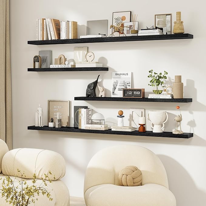 Dreamland Floating Shelves, Rustic Wooden Black Wall Shelves for Bathroom|Bedroom|Kitchen, Deep Wall Mounted Book Shelf, Wood Storage Display Shelf for Home Decor, 22.5" X 6.7" Set of 2