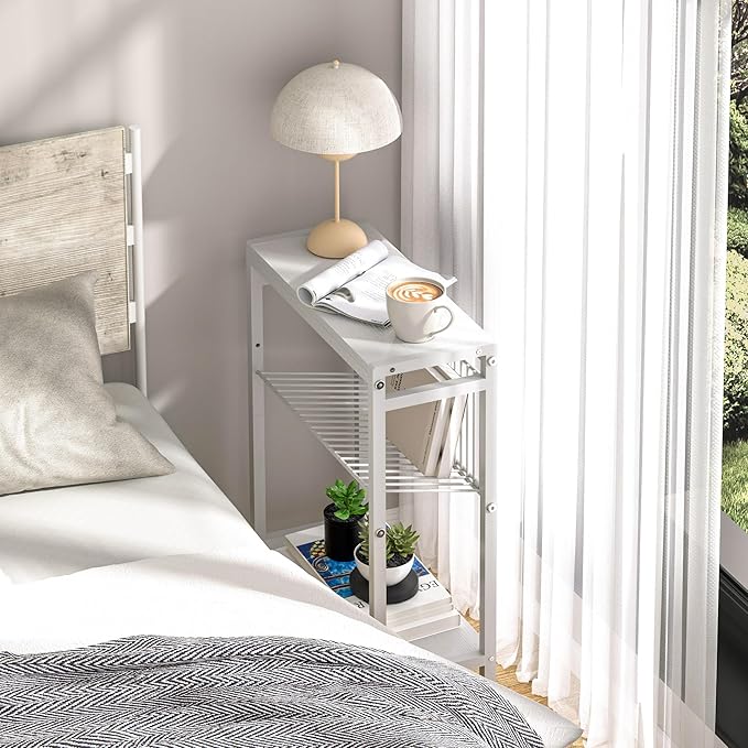 End Table for Small Space, 3-Tier Narrow Side Table with Magazine Holder,Small Nightstand, Skinny Snack Couch Table in Living Room, Bedroom Study and Balcony (White)