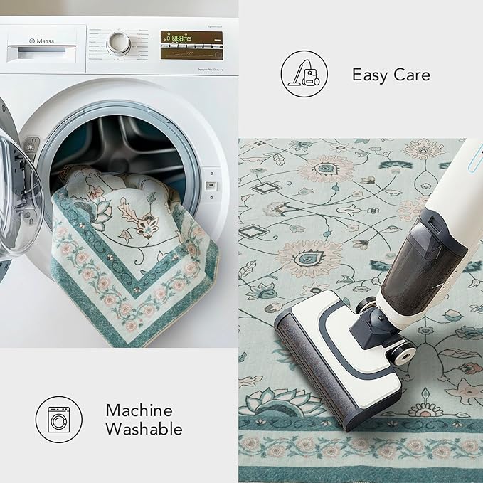 EVERGRACE Area Rugs for Living Room 5x7, Boho Floral Faux Wool Indoor Outdoor Rugs, Washable Rugs for Bedroom Dining Room Entryway Kitchen, Low Pile Floor Mat Carpet for Home Decor, Pale Blue