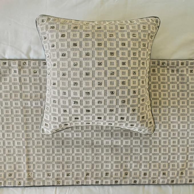 The HomeCentric King/Queen/Twin Grey Decorative CA King 86"x18" Bed Runner Without Pillow Cover, Checkered, Beaded, Hand Embroidery Bed Scarf on Velvet Fabric - The Brick Effect