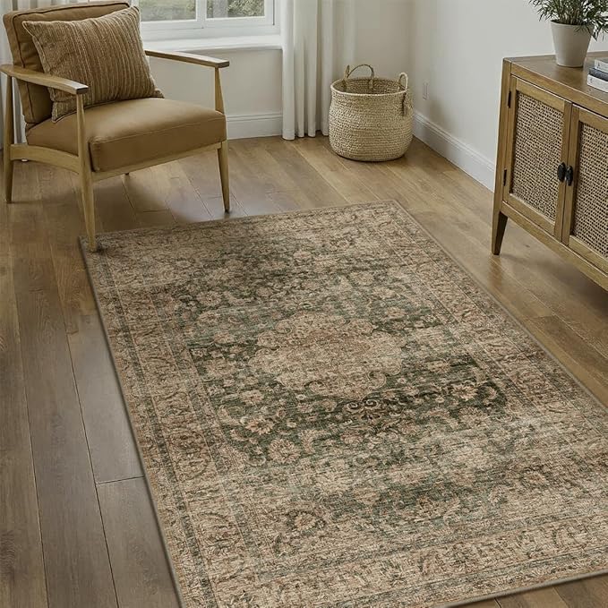 4x6 Washable Vintage Area Rug Green Brown Entryway Office Carpet Non-Slip Soft Low Pile Distressed Indoor Throw Rug for Living Room Bathroom Dining Room