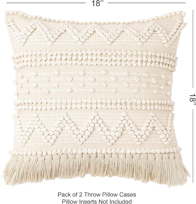 REDEARTH · Boho Textured Throw Pillow Cushion Covers - Woven Tufted Decorative Farmhouse Cases Set for Couch - Bed - Chair - Dining - Patio - Outdoor - 100% Cotton (18"x18" - Natural) Pack of 2