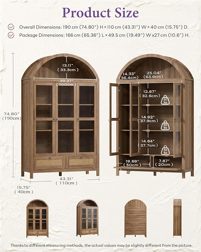 TYBOATLE 75'' Arched Cabinet Classic Farmhouse Design w/Three Glass Doors
