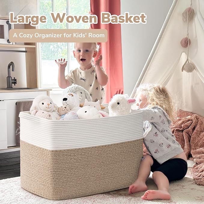 Goodpick Large Woven Blanket Basket 105L, 25"x16"x16" Cotton Rope Organizer for Toys, Dirty Clothes, Extra Large Rectangle Storage Basket for Living Room, Bedroom, White & Brown