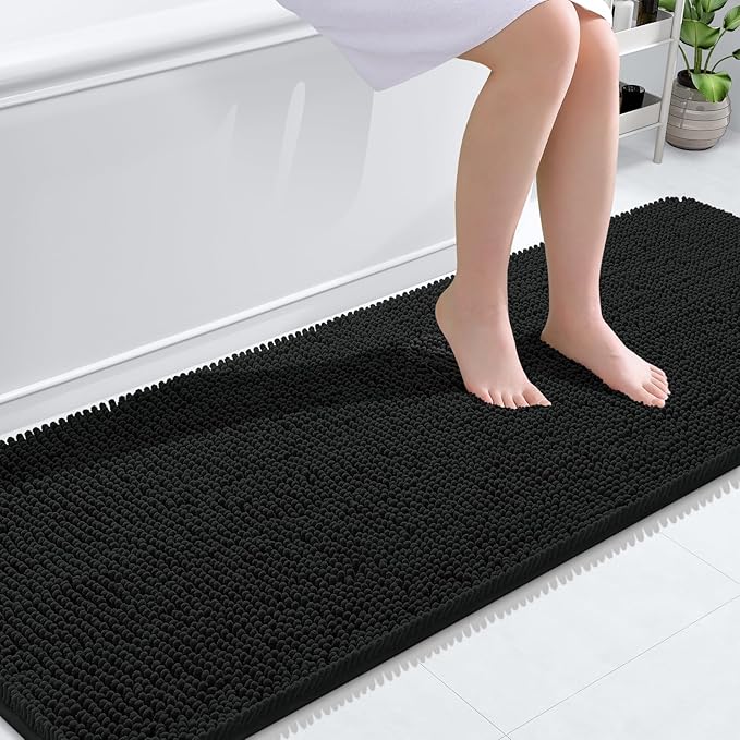 OLANLY Bathroom Rugs 70x24, Extra Soft Absorbent Chenille Bath Rugs, Rubber Backing Quick Dry, Machine Washable Bath Mats for Bathroom Floor, Tub and Shower, Home Decor Accessories, Black