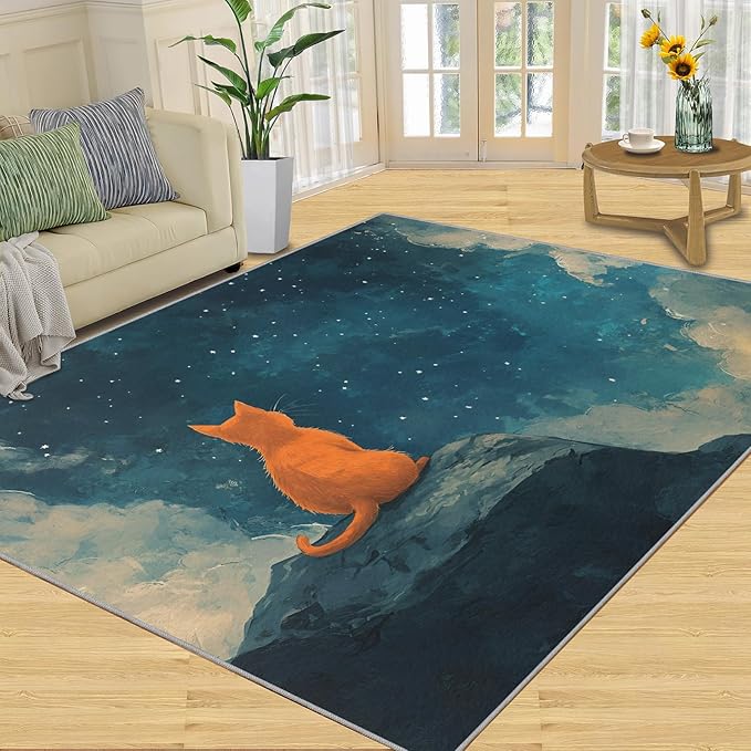 Orange Cat Rugs for Bedroom - 2x3 Area Rug - Cartoon Starry Sky Rugs for Living Room, 3D Cute Cat Rug, Non-Slip Washable Home Decor Carpet