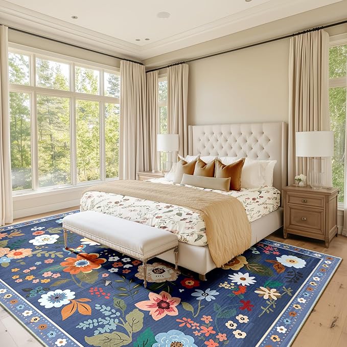 Floral 9x12 Area Rug Machine Washable Soft Print Boho Carpet Non Slip Doormat Low Pile Flower Area Rugs for Living Room Bedroom Nursery Kitchen Dining Room Indoor-Blue/Grey