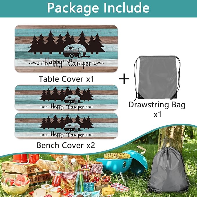Happy Campers Picnic Table Cover with Bench Covers, Rustic Wooden RV Travel Trailer Waterproof Tablecloth for Patio Camping Indoor Outdoor Party Decorations with Drawstring Bag, 30X96in, 3PCS