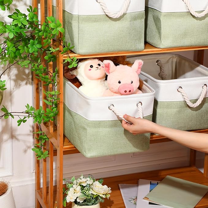 meekoo 8 Pack Collapsible Storage Bins Fabric Storage Bins Polyester Fabric Baskets with Handles Linen Closet Organizer for Shelf Home Closet Towels Toys(15 x 11 x 9.5 in,Green White)