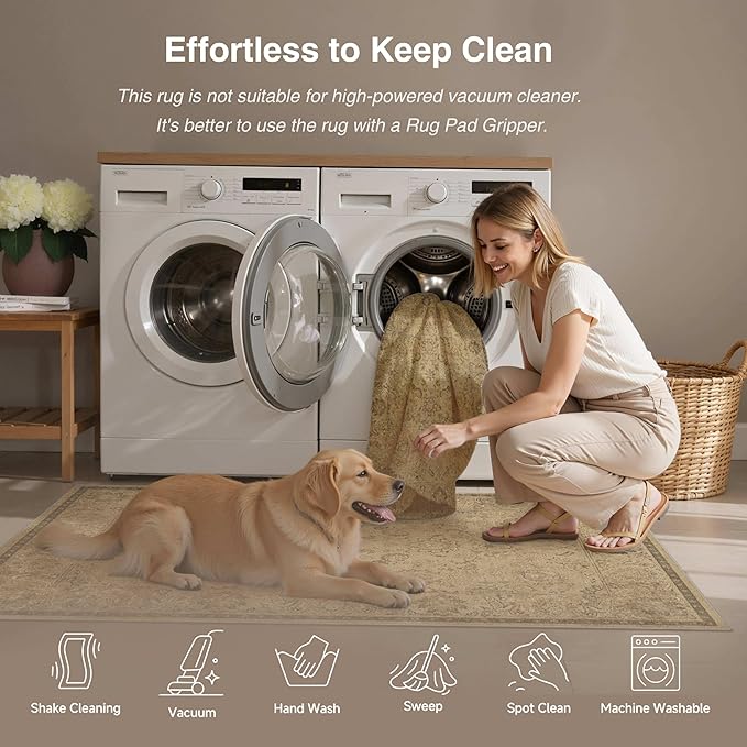 HUGEAR 5x7 Machine Washable Area Rugs Vintage Brown - Neutral Living Room Bedroom Rug Non Slip Stain Resistant Low Pile Aesthetic Throw Carpet Kids & Pet Friendly