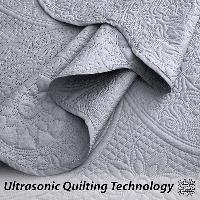 IR Imperial Rooms Twin Quilt Bedding Set Size (68” x 86”) + 1 Pillow Shams (20” x 26” + 2”) - 2 Pcs All Season Lightweight Reversible Microfiber Coverlet Floral Embossed Quilt Bedspread (Silver)