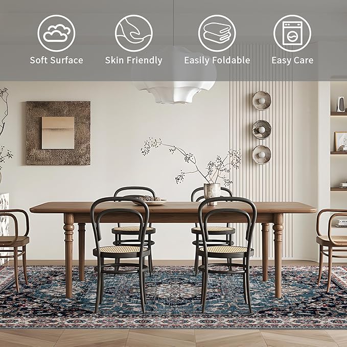 Easy-Going Area Rug 6x9 Medallion Distressed Washable Rugs for Living Room Non-Slip Bedroom Rug Low Pile Lightweight Vintage Retro Throw Rug for Dining Room Kitchen Home Office Carpet, Teal Brick