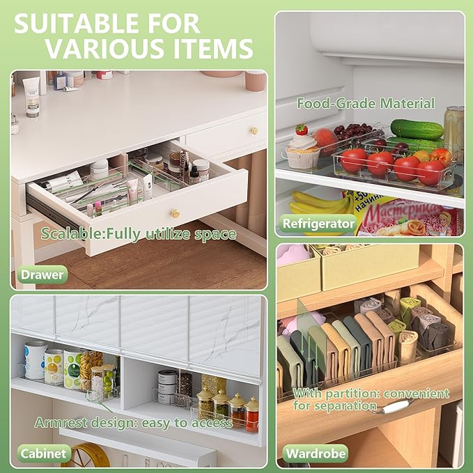 BLULEE 4-Piece Expandable Drawer Organizer Set, Adjustable Clear Bins with Dividers for Kitchen, Bathroom, Vanity & Office, Scalable Trays for Cosmetics, Utensils & Desk Accessories