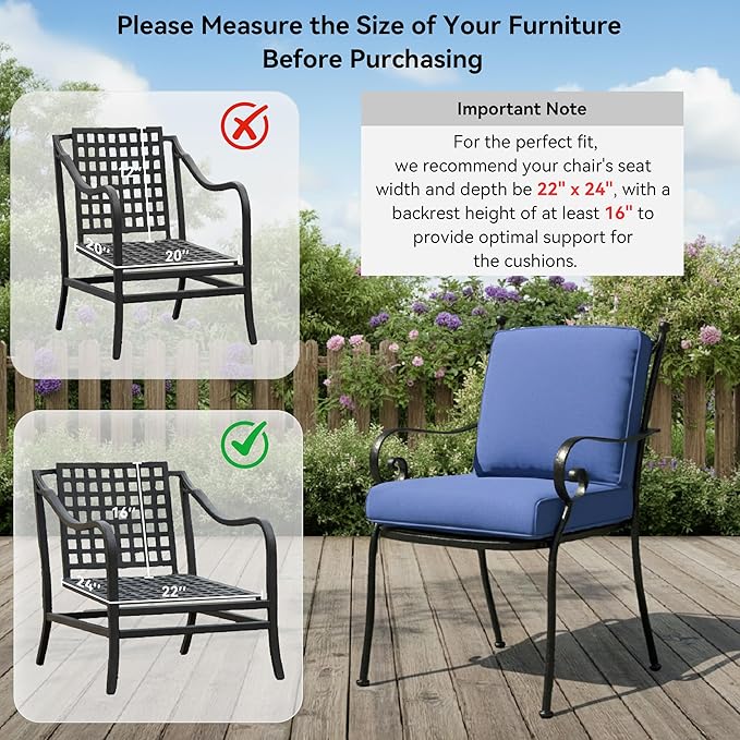Outdoor Rattan Chair Cushions 2 Packs - Outside Durable Thick Replacement Back and Seat Cushion 22x24 with Zipper Cover for Patio Glider Rocking Chairs Loveseat Couch – Blue/Regular