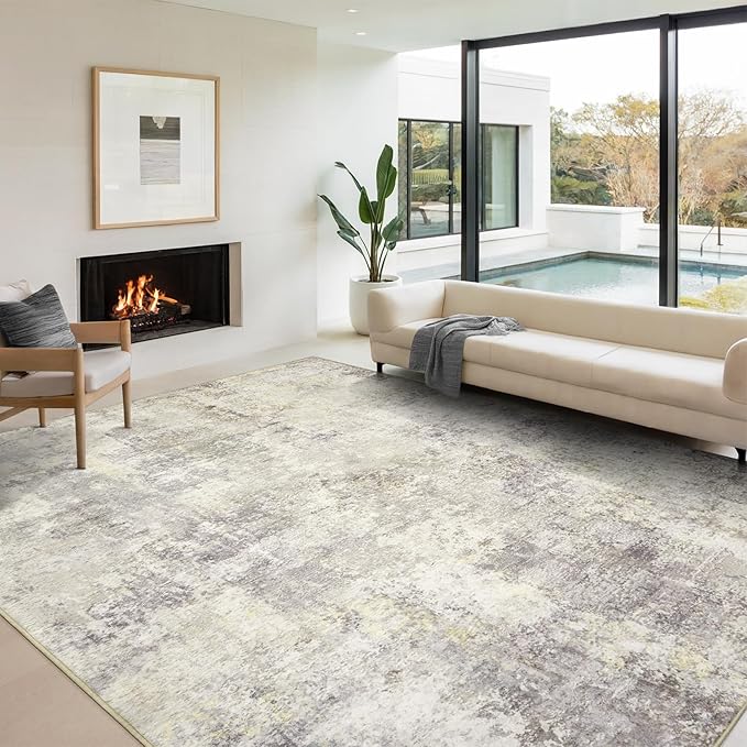 Washable Area Rugs for Living Room 9x12 - Large Neutral Modern Abstract Rug, Soft Low Pile Carpet with Non Slip Backing for Under Dining Room Table, Bedroom, Home, Office, Dorm - Brown Grey