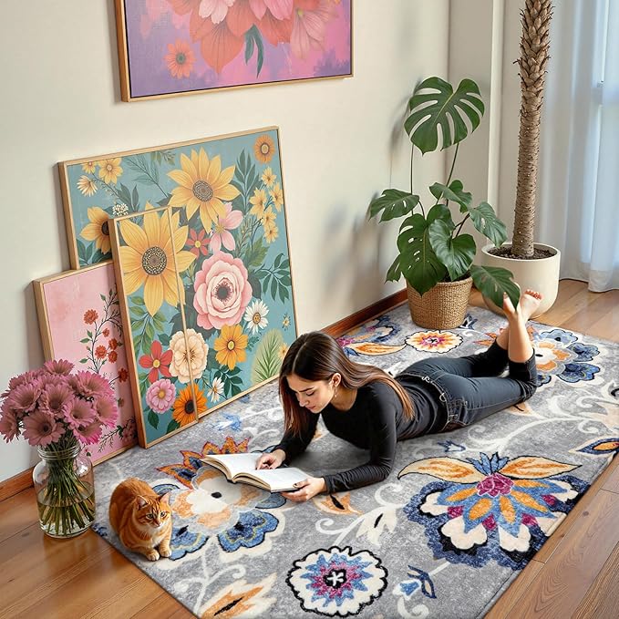 Lahome Floral Washable Carpet for Living Room - 3x5 Non-Slip Lightweight Kitchen Rugs, Throw Soft Small Area Rug for Bedroom Grey Paisley Print Aesthetic Rug for Entryway Bathroom Laundry Room Office