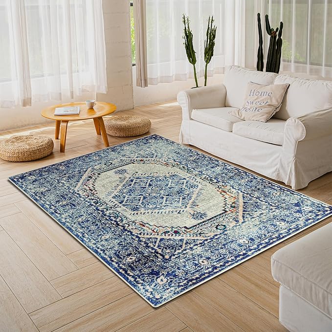 Easy-Going Area Rug 5x7 Washable Boho Rugs for Living Room Non-Slip Bedroom Rug Low Pile Lightweight Medallion Distressed Throw Rug for Dining Room Kitchen Home Office Carpet, Vintage Blue Cream