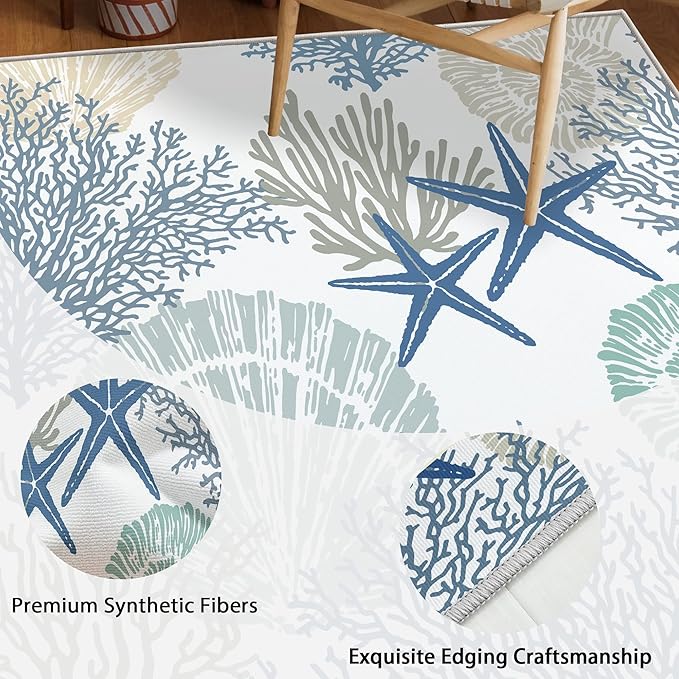 Tritard Coastal Area Rugs Nautical Beach Themed Non-Slip Machine Washable Rugs Modern Floor Carpet for Living Room Bedroom, 8x10, Blue