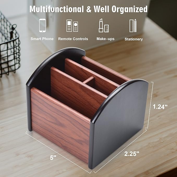Siveit Wooden Desk Organizer, 4 Compartment Revolving Wood Desktop Organizer Office Supplies Rotating Remote Control Caddy Holder (Desk Organizer-4)