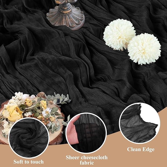 Asee'm 12pcs Cheesecloth Table Runner 120 Inches Long Black Boho Gauze Cheese Cloth Runner 10FT Rustic Sheer Table Runners for Christmas Wedding Party Baby Shower Spring Easter Decoration