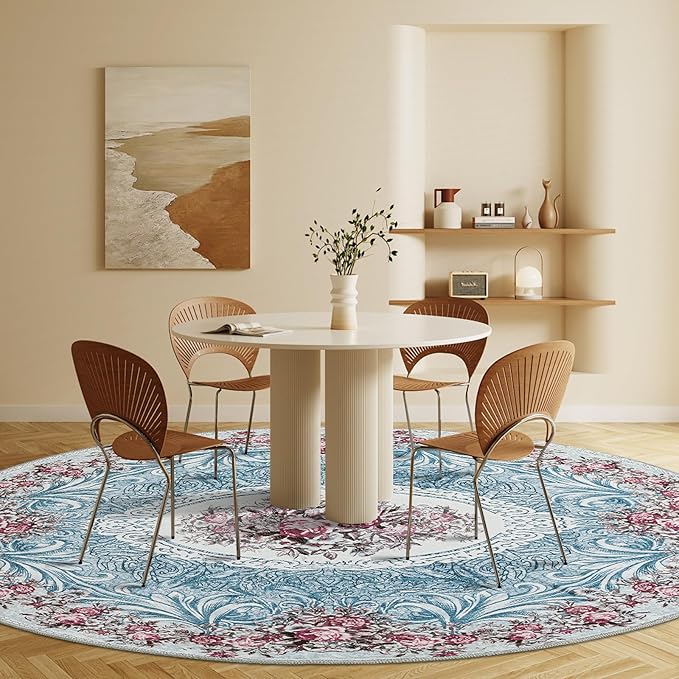 Easy-Going Round Rug 6ft Area Rug Washable Floral Circle Rugs for Living Room Non-Slip Bedroom Rug Low Pile Lightweight Retro Flowers Throw Rug for Dining Room Kitchen Home Home Office, Teal Red