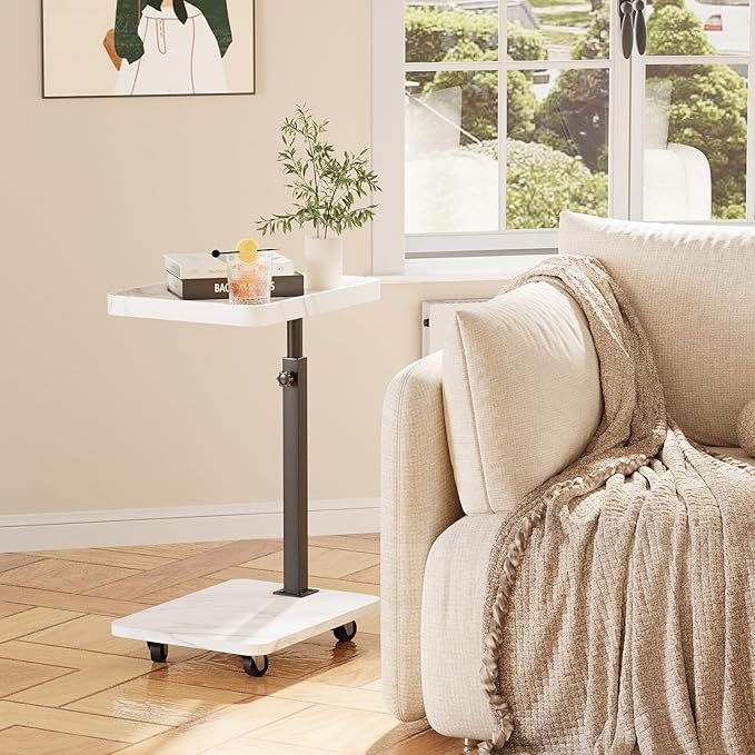 Adjustable Tv Trays for Eating on Couch That Slide Under,360° Swivel C Shaped End Sofa Side Snack Table with Wheels for Living Room and Bedroom, Bed,Chair, (White Marble+Black)