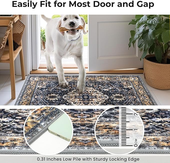 KOZYFLY Runners for Hallways 3x16 Ft Extra Long Washable Kitchen Thin Runner Rug Boho Runner Rug for Entryway Indoor Printed Faux Wool Stair Floor Carpet for Stair Kitchen Hall, Gold/Navy