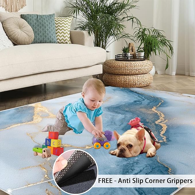 5x7 Abstract Marble Rugs for Bedroom - Blue-White-Marble Print Rug, Luxury Stone Pattern Rug Non Slip Soft Rugs for Living Room Hardwood Floors Teen Room