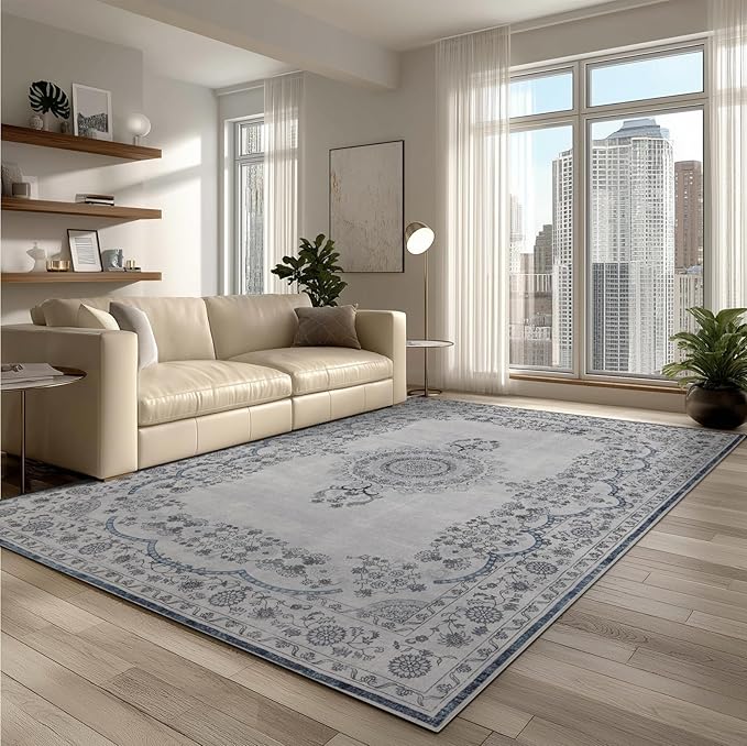 4x6 Washable Area Rug for Living Room, Carpet for Bedroom, Soft Faux Wool Retro Dining Room Rug, Non Slip&Non-Shedding Resistant Low Pile Vintage Print Rug for Home Office (Grey/Blue)