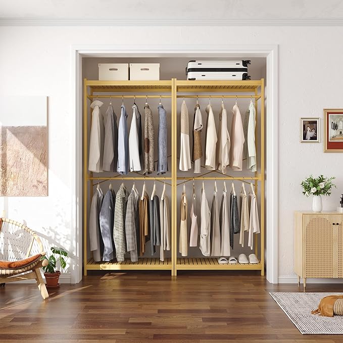 Homykic Bamboo Clothes Rack with Shelves and Double Hang Rods, Portable Closet System Garment Rack for Hanging Clothes, Tall Clothing Rack Corner Closet Organizer, Easy to Built, Natural