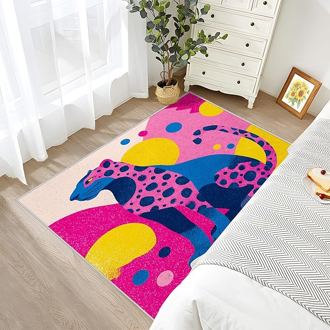Leopard Large Area Rug - 7x10 Rug - Colorful Abstract Geometric Animal Pop Art Rugs for Living Room Non Slip Low Pile Machine Washable Area Rugs, Leopard Carpets Home Decor & Gifts