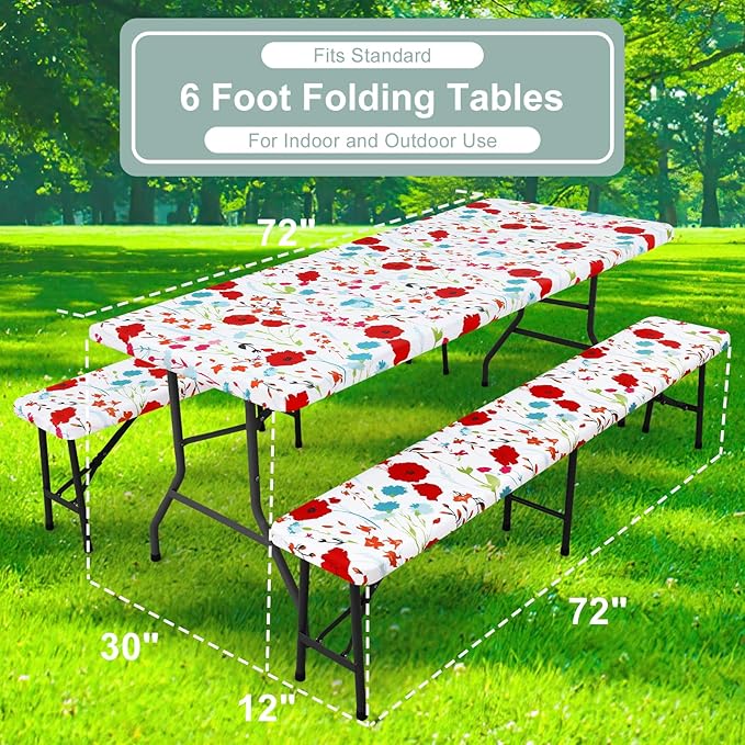misaya Picnic Table Cover with Bench Cover, Waterproof Elastic Fitted Tablecloth for 6 Foot Tables, Rectangle Washable Polyester Fabric Tablecloths for Picnic, Camping, Outdoor (Flower, 30" x 72")