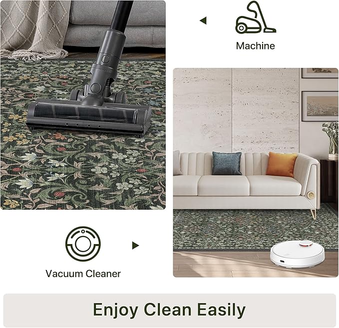 Bavni 6x9 Area Rugs for Living Room, Floral Rug Machine Washable Non Slip, Vintage Boho Forest Carpet, Soft Low Pile Thin Lightweight Rugs for Bedroom, Farmhouse, Dining Room Office, Emerald Green