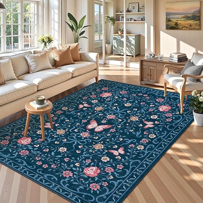 GarveeHome 8x10 Area Rugs for Living Room Washable Rugs Non Slip Stain Resistant Bedroom Floral Rugs Low Pile Soft Dining Room Throw Carpet Blue Bow Large Carpet for Home Office Decor, 8x10