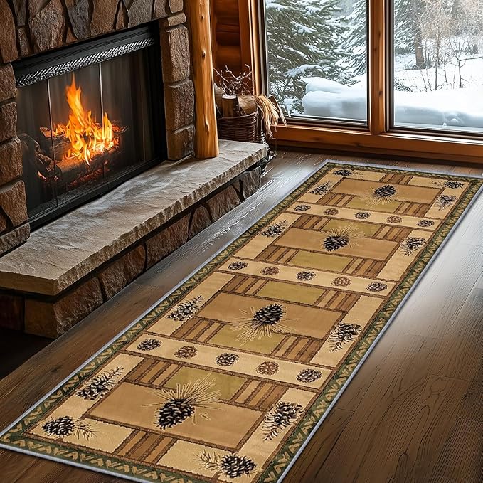 Pinecone Runner Rug, 2x8ft Rustic Country Style Hallway Runner Rug - Corridor & Foyer Area Rugs, Washable Non-Slip Mat, Country Home Decor Carpet for Indoor Living Room Hallway Spaces