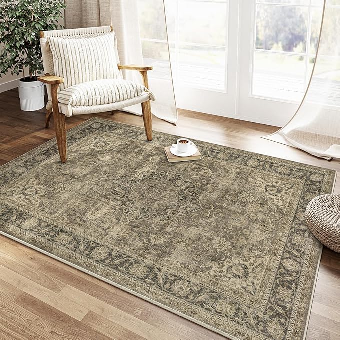 4x5 Washable Brown Area Rug Vintage Entryway Office Carpet Non-Slip Soft Low Pile Distressed Indoor Throw Rug for Living Room Bathroom Dining Room